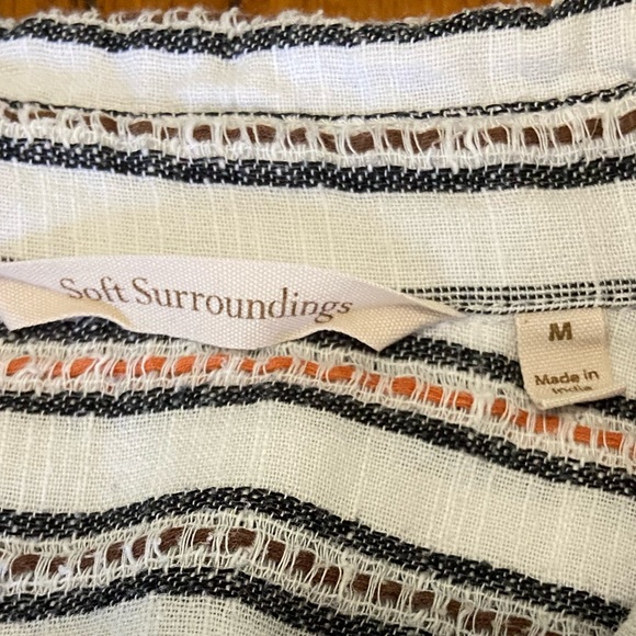 Soft Surroundings V-Neck Pullover Striped Top, Pockets & Fun Embroidery, Sz Med - Picture 2 of 10